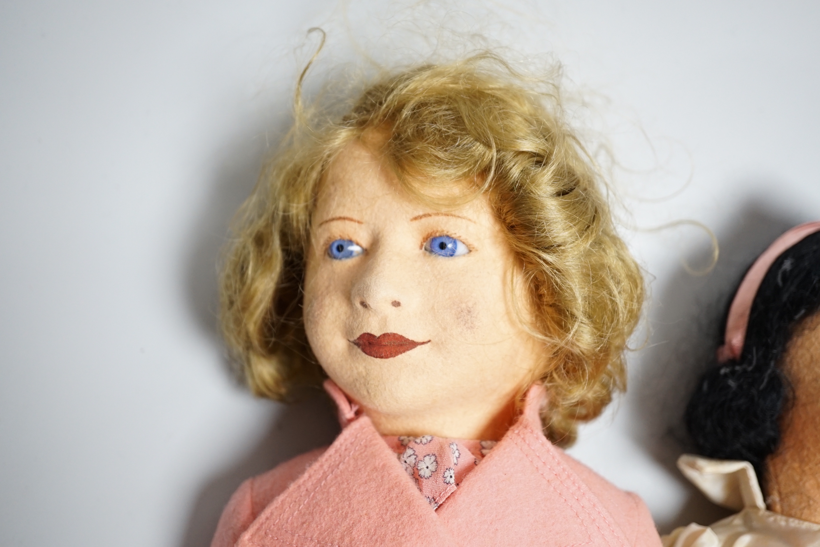 Chad Valley Princess Margaret and Snow White felt dolls and a porcelain figure of Snow White, tallest 45cm high (3)